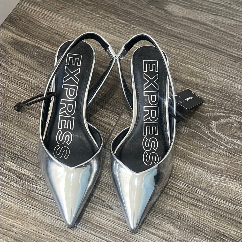 Express Metallic Silver Pointed Slingback Heels